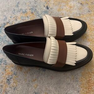 Marc Fisher Black, White & Brown Fringe Kiltie Loafers - new with no tags